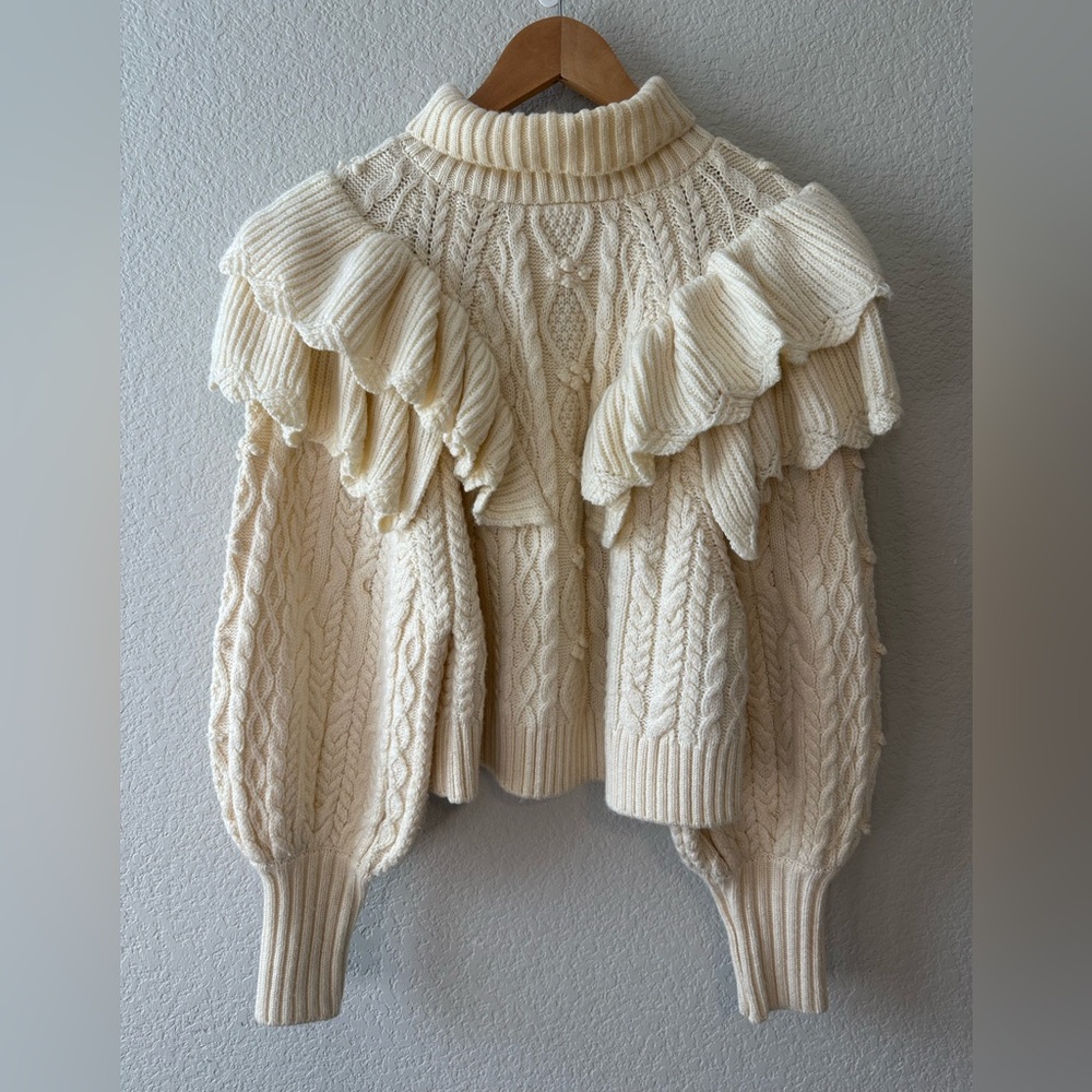 Zara Ivory Ruffle Cable Knit Turtleneck Sweater